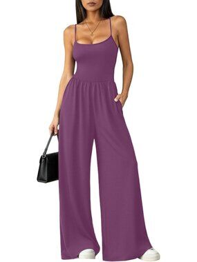 Women's Purple Summer Casual Tummy Control Sleeveless Wide Leg Romper